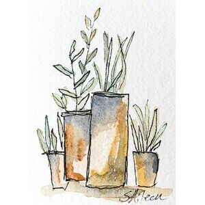 ACEO Painting Watercolor Ink Plants in Terracotta Pots Botanical III Signed